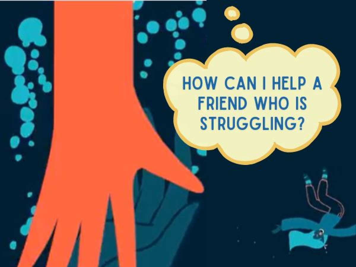 Hands reaching out with how can I help a friend who is struggling in a thought bubble