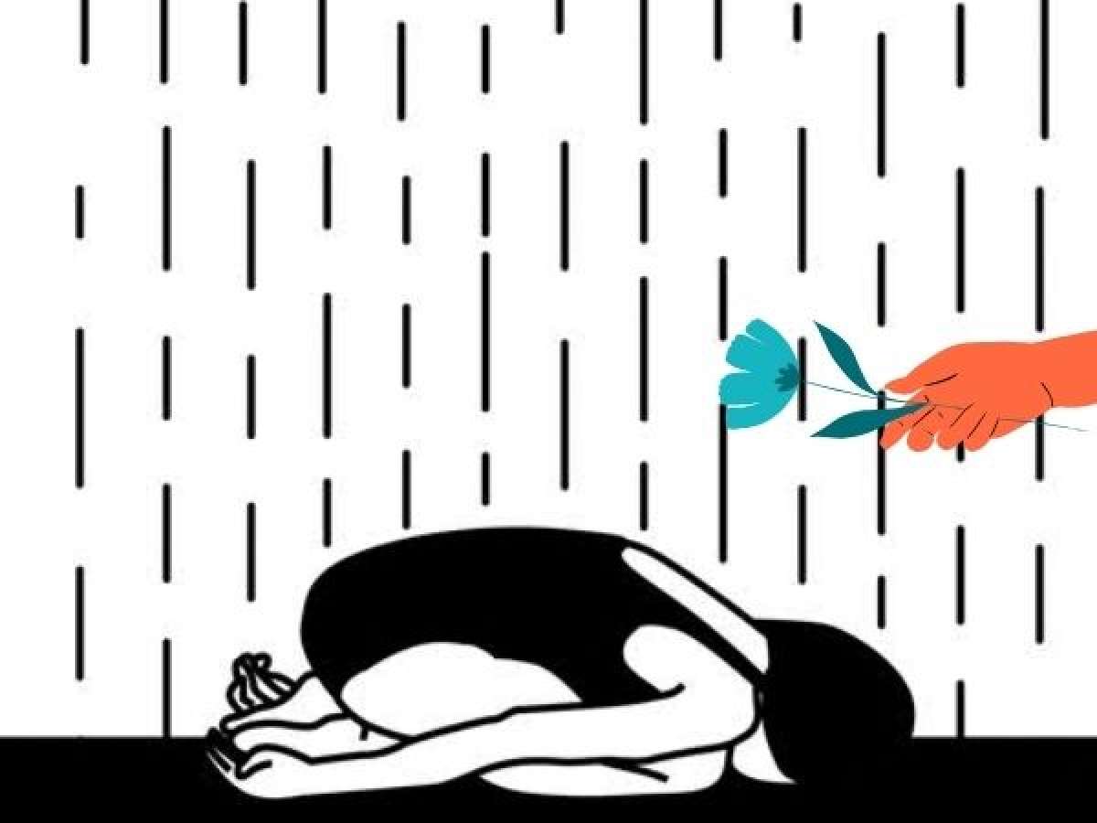 Girl in the rain face down with orange hand giving her a flower
