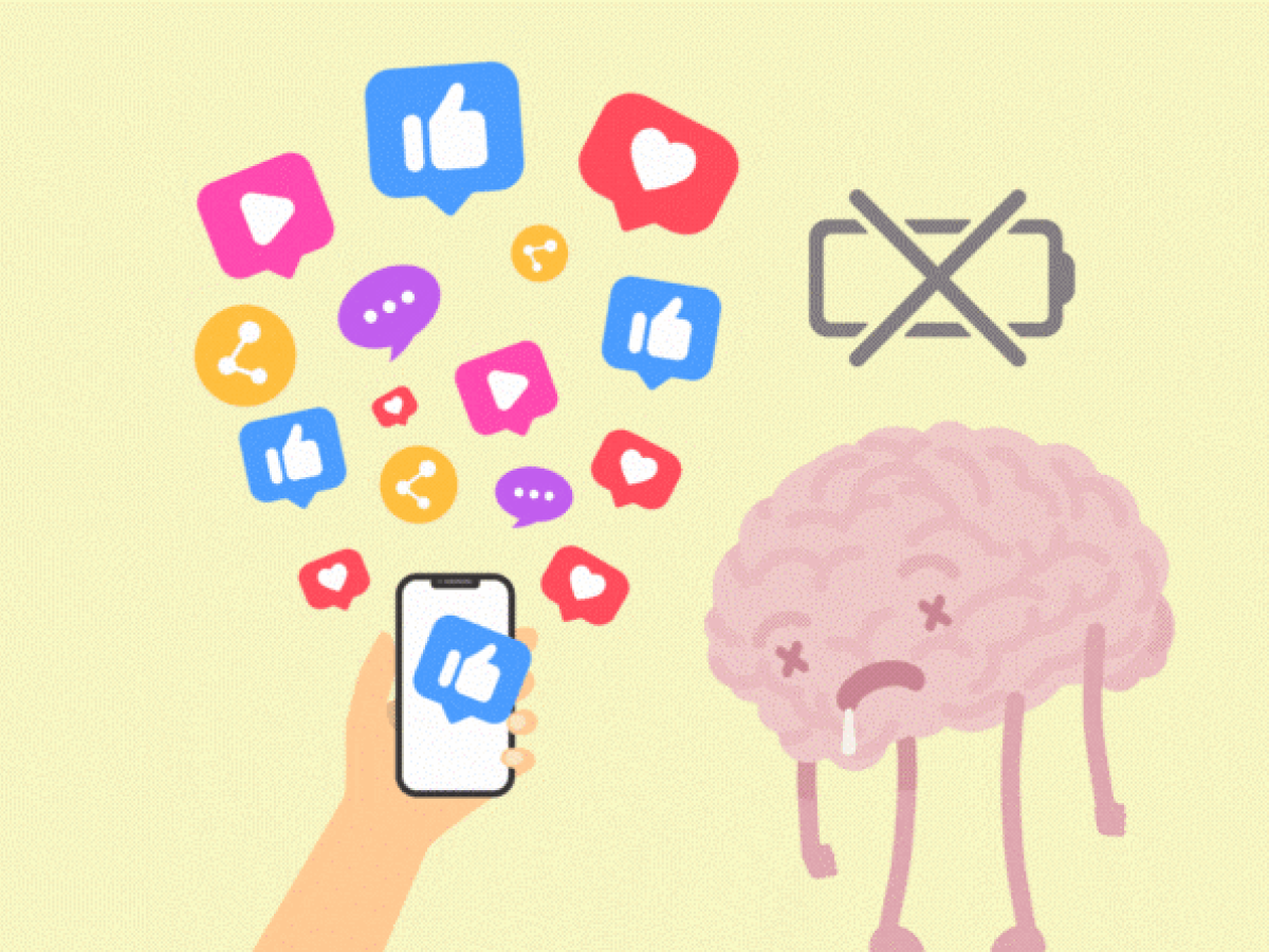 An animated brain looks depleted as a phone next to it is overwhelmed with notifications.